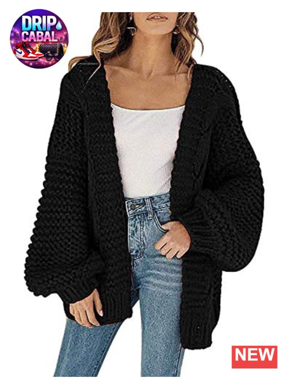 Open Front Chunky Knit Cardigan Loose Lantern Sleeve Oversized Sweater